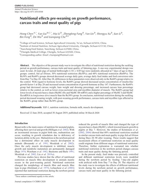 Pdf Nutritional Effects Pre Weaning On Growth Performance Carcass