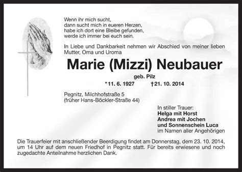 Traueranzeigen Von Marie Neubauer Nordbayerischer Kurier