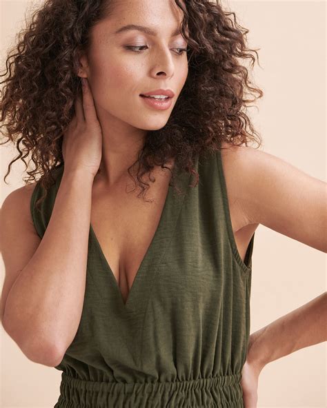 TURQUOISE COUTURE Plunge Short Dress Khaki Bikini Village