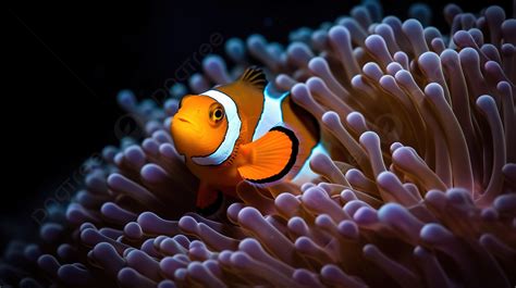 Clownfish In An Anemone And The Dark Of The Ocean Background, Clownfish ...