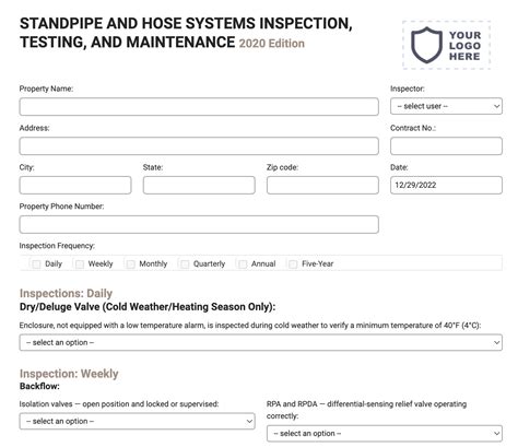 Standpipe And Hose Inspection Form Nfpa 25 For Mobile Tablet