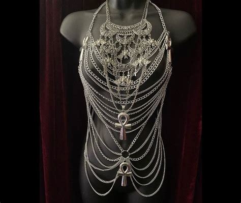 The Goddess Hathor Silver Harness Bib Necklace Ankh Necklace Set With