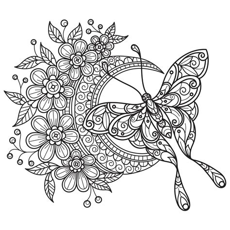 Butterfly And Flower Moon Hand Drawn For Adult Coloring Book - Coloring
