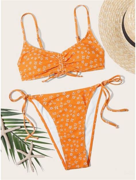 Buy Ditsy Floral Drawstring Tie Side Bikini Swimsuit Online Topofstyle