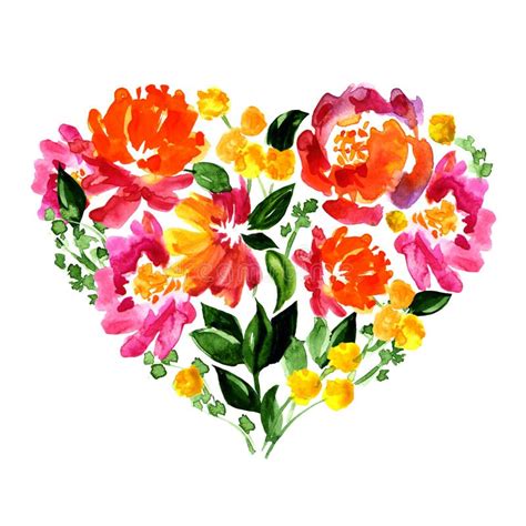 Coeur Floral Avec Des Fleurs Et Des Feuilles Watercolor Illustration