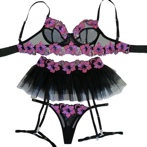 Mesdames Lingerie Sexy Exquis Dentelle Broderie 3 Pièces Babydoll Sous Vêtements l29331 Noir