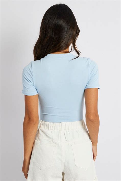 Blue Bodysuit Short Sleeve Crew Neck Supersoft Ally Fashion