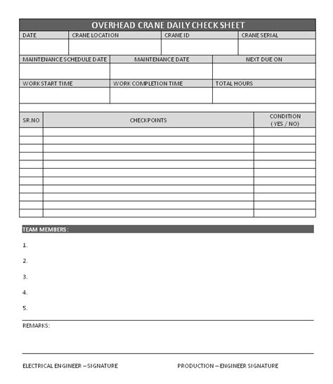 Overhead Crane Daily Check Sheet