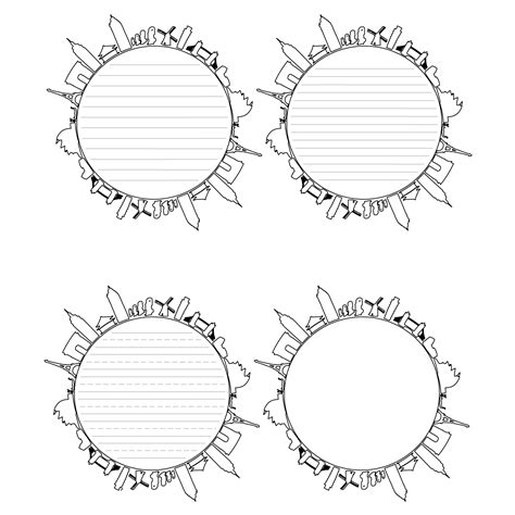 People and Cities Surrounding a Globe-Shaped Writing Template | Free Printable Papercraft Templates