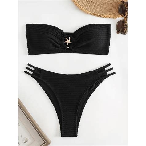 Jual PREORDER Sexy Bandeau Bikini Women 2024 New Black Metal Ring Linked Cut Out Push Up Micro