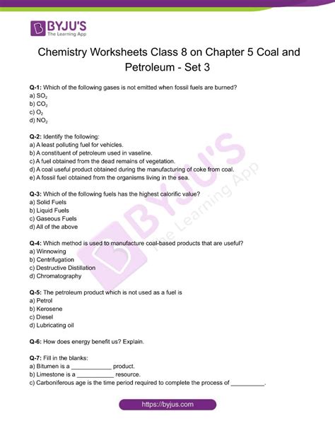 Class 8 Chemistry Worksheet On Chapter 5 Coal And Petroleum Set 3