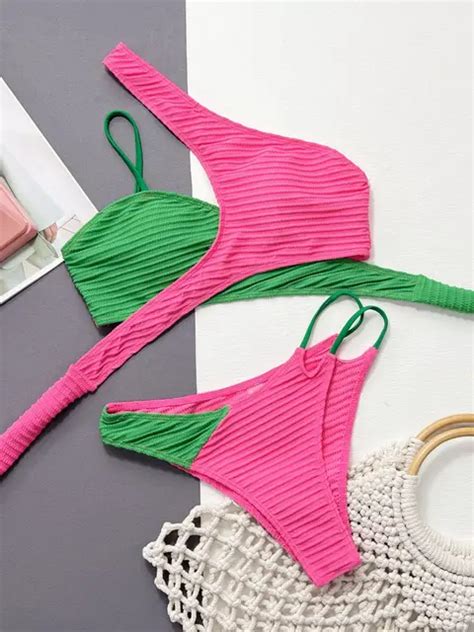 Vigoashely 2023 Sexy Colorful One Shoulder Bikini Tied Swimsuit Women High Cut Halter Swimwear