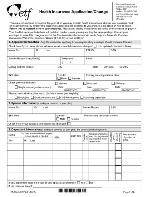 Fillable Online Etf Health Insurance Application Change Form Fax Email