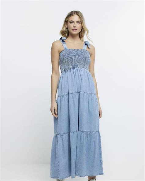 River Island Denim Shirred Maxi Dress In Blue Lyst