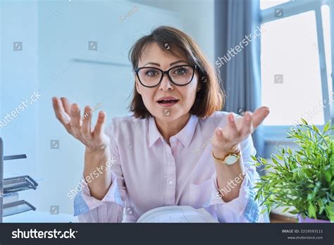 Webcam View Talking Mature Woman Sitting Stock Photo 2219593111 Shutterstock