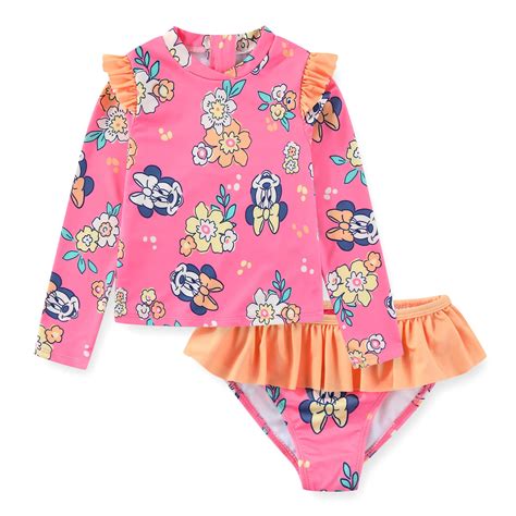 Disney Minnie Mouse Upf Long Sleeve Rash Guard Bikini Bottom Girls Piece Swimsuit Set