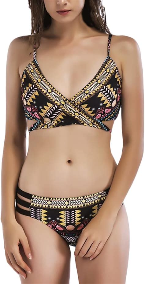 Bikinis Damen Sommer Strandmode Bikini Push Up Kreuzgurte Hippie Badeanzug Vintage Ethno Style