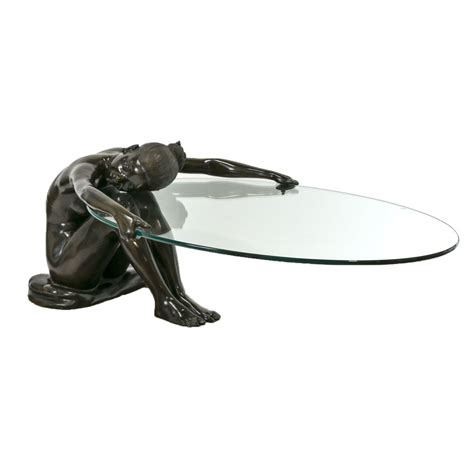 Art Deco Bronze Female Nude Sculpture Coffee Table With Oval Glass Grandview Mercantile