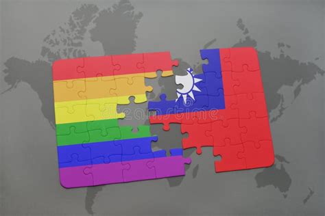 Puzzle With The National Flag Of Taiwan And Gay Rainbow Flag On A World Map Background Stock