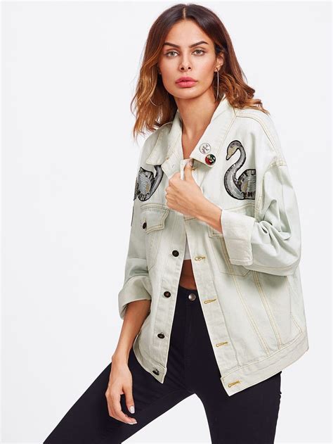 Sequin Patch Bleach Wash Denim Jacket With Badges Denim Wash Jackets Denim Jacket