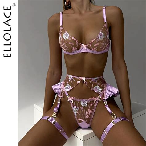 Ellolace Ruffle Erotic Lingerie Floral Intimate Set Transparent Lace Sexy Fantasy Underwear