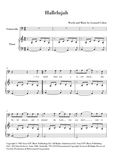 Hallelujah Arr Ahiva Editions By Lee DeWyze Sheet Music For Cello