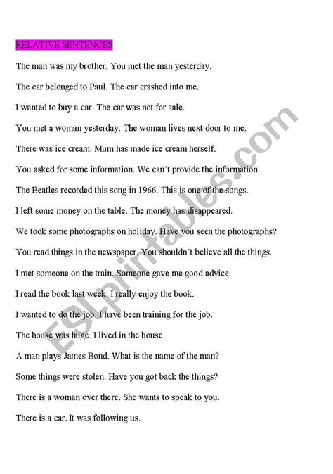 RELATIVE SENTENCE PRACTICE - ESL worksheet by montseteacher