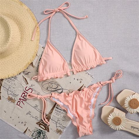 Sun Imperial Sun Imperial Hot Pink Bikini Lettuce Trim Padded Halter Tie Side Swimsuit Bikini