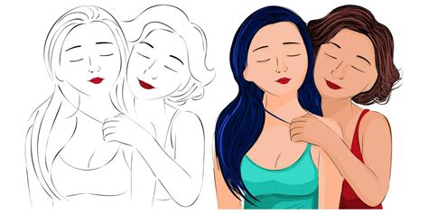 Lesbian Couple Flat Design Illustration Portrait Of Two Beautiful Girls In An Intimate