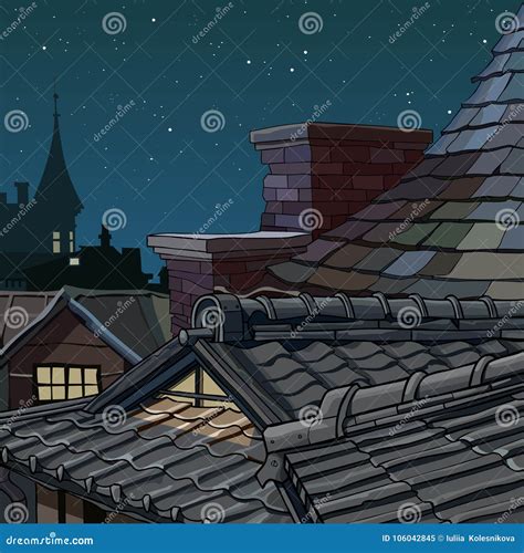 Part Cartoon Roofs From Tile Star Night Stock Vector Illustration Of