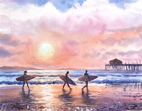 Surfing Painting Watercolor Seascape Original Art California Etsy