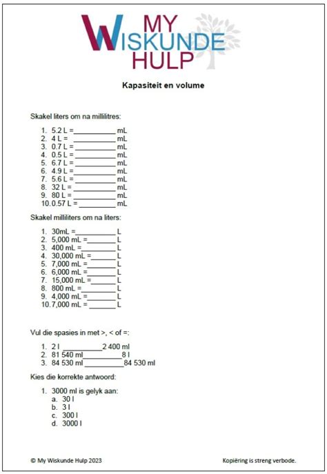 Graad 4 Wiskunde Kapasiteit En Volume 1 Afrikaans Hulp