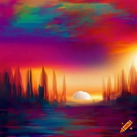 Abstract Expressionism Painting Of A Sunrise Landscape With A Cat On