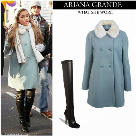 What She Wore Ariana Grande In Light Blue Pea Coat With Black Leather