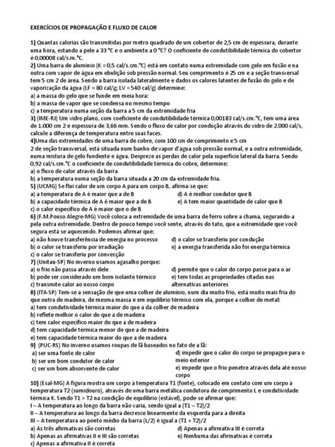EXERCÍCIOS DE PROPAGAÇÃO E FLUXO DE CALOR e Termologia | PDF ...