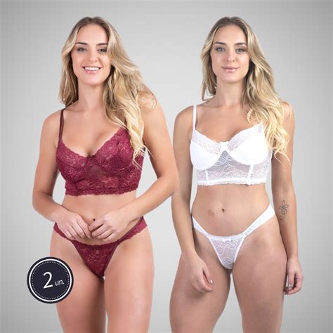 Kit 2 Conjuntos Lingerie Cropped Sutien Sensual Renda Sem Bojo Alça Ajustável Aro Linha