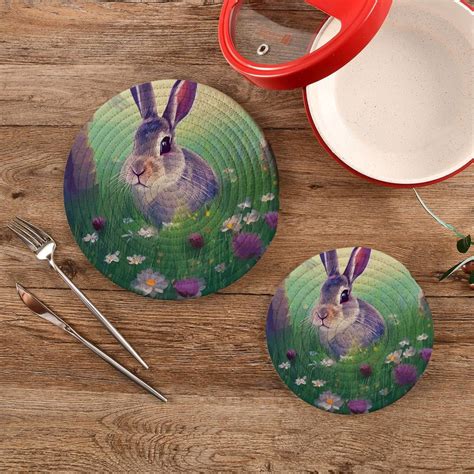 SKYSONIC Easter Cute Fluffy Bunny Trivet Round Hot Pads Set Of Spring Flower Pot Holder Heat