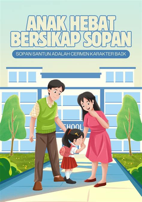 poster ajakan sopan santun ilustratif biru hijau