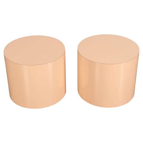 Pair Post Modern Pink Gloss Laminate Cylinder Round Drum End Tables For