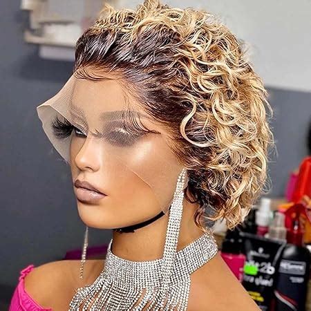 Amazon Ombre Blonde Pixie Cut Lace Front Wigs 6 Inch Human Hair 13X1 Pixie Cut Short Curly