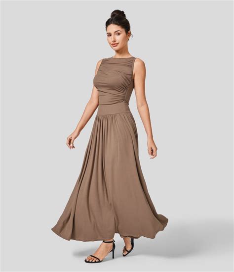 Womens Ribbed Boat Neck Ruched Side Pocket Flowy Maxi Casual Dress
