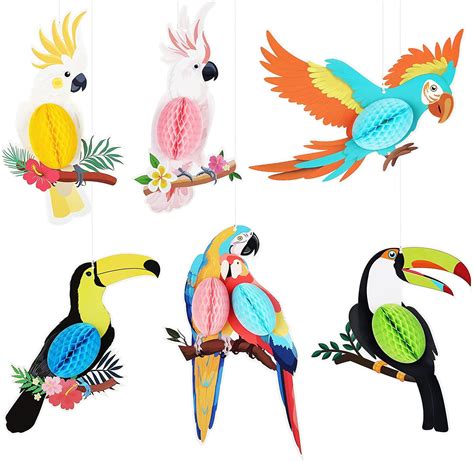 Naler 6 Packs Tropical Birds Honeycomb Paper Cutouts Colorful Parrot