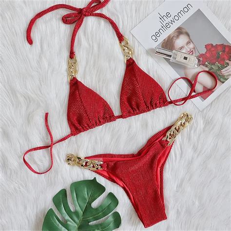 Red Halter Neck Bikini With Gold Chain Accents On Luulla