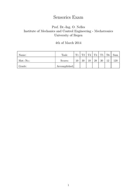 Klausur Fragen Und Antworten Sensorics Exam Prof Dr Ing O Nelles