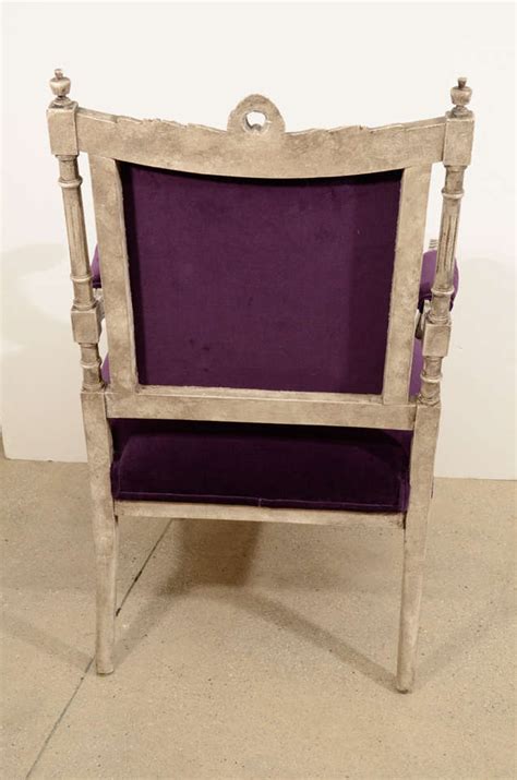 Pair Of French Louis XVI Painted Armchairs In Purple Velvet At 1stDibs