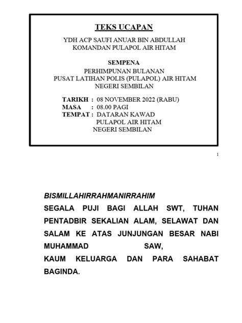 Draf Teks Ucapan Komandan Sempena Perhimpunan Bulanan Bagi Bulan Nov