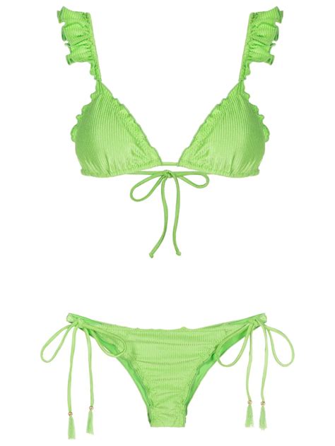 Brigitte Ruffled Trim Ribbed Bikini Green Farfetch Uk