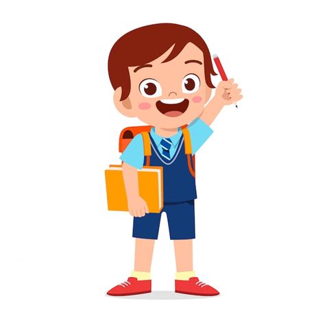 Happy Cute Kid Boy Ready To Go To School Premium Vector