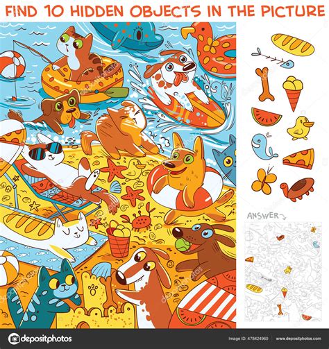 Pets Beach Find Hidden Objects Picture Puzzle Hidden Items Funny Stock