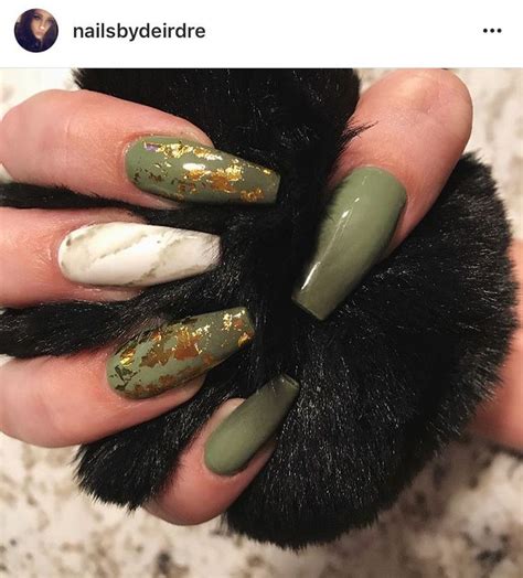 Olive Green Nails With Gold Flakes Nail Art In 2019 Nails Autumn Nails